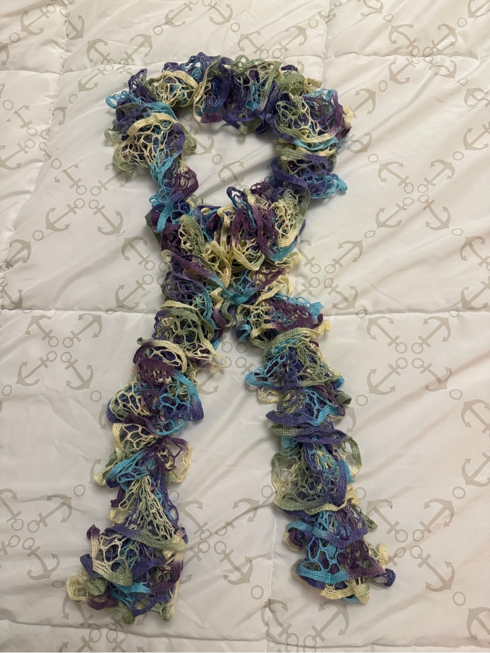 Women’s Ruffle Knit Scarf in Purple, Blue & Cream